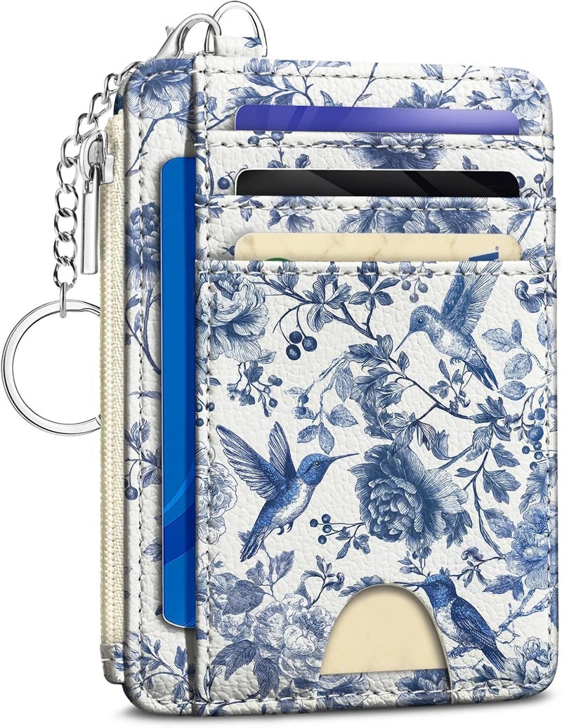 Kelvoris Bird Flowers Credit Card Holder Small Wallet Women, Slim RFID Blocking Wallet Woman Keychain with Zipper Coin Pocket, Front Pocket Thin Travel Card Case Organizer with ID Window Ladies Gifts - Image 1